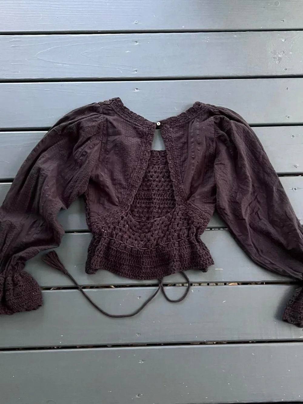 Free People Women Black Puff Sleeve Cowgirl Crochet Crop Open Back Top Size XS